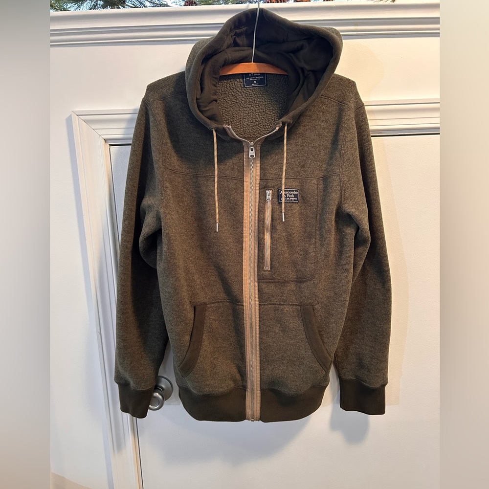 Abercrombie & Fitch men's full-zip hoodie Green/cream Medium Y2K